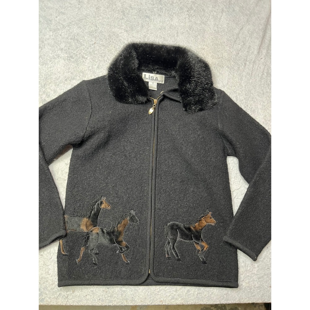 Lisa International vintage Wool Horse Jacket  Faux Fur Collar‎ Small Equestrian